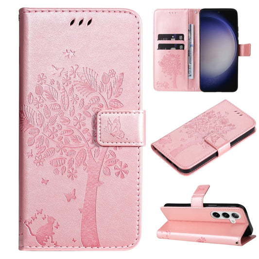 For Samsung Galaxy S25+ / S24+ 5G Tree & Cat Embossed Pattern Flip Leather Phone Case(Rose Gold) by buy2fix