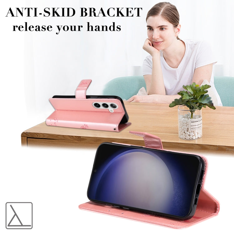 For Samsung Galaxy S25+ / S24+ 5G Tree & Cat Embossed Pattern Flip Leather Phone Case(Rose Gold) by buy2fix