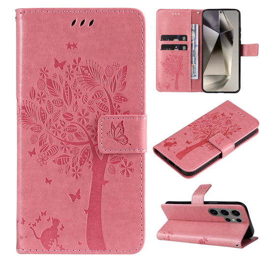 For Samsung Galaxy S25 Ultra 5G Tree & Cat Embossed Pattern Flip Leather Phone Case(Pink) by buy2fix