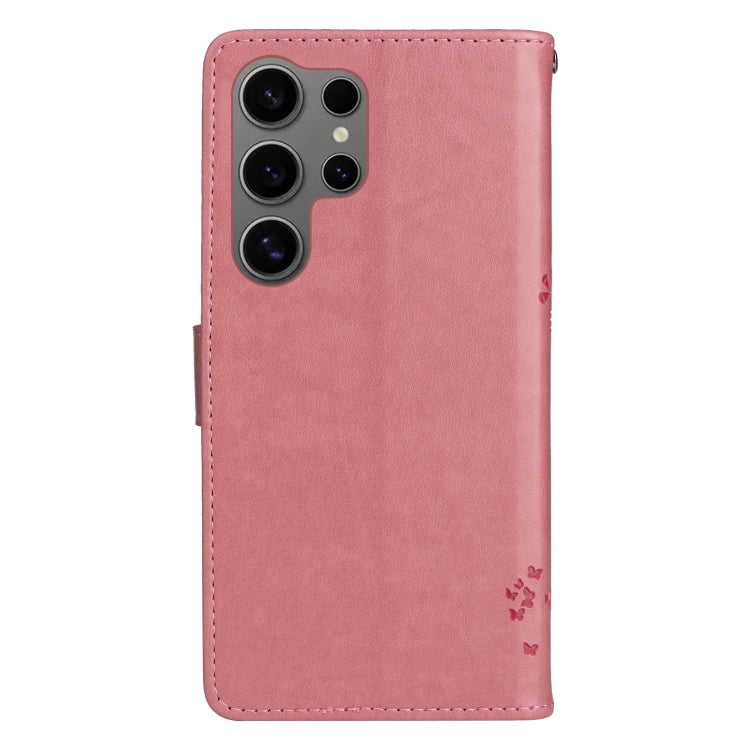 For Samsung Galaxy S25 Ultra 5G Tree & Cat Embossed Pattern Flip Leather Phone Case(Pink) by buy2fix