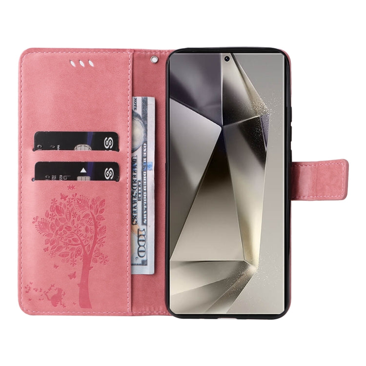 For Samsung Galaxy S25 Ultra 5G Tree & Cat Embossed Pattern Flip Leather Phone Case(Pink) by buy2fix