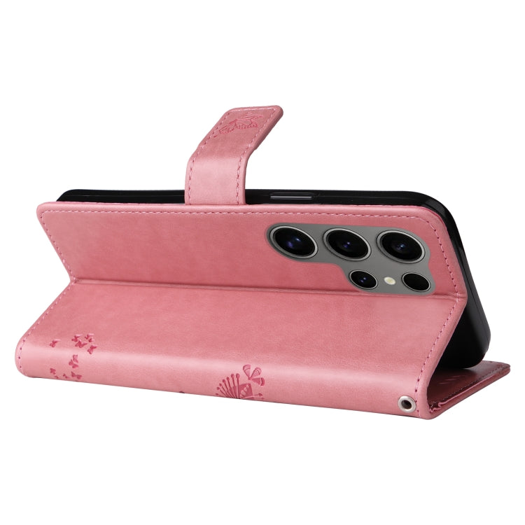 For Samsung Galaxy S25 Ultra 5G Tree & Cat Embossed Pattern Flip Leather Phone Case(Pink) by buy2fix