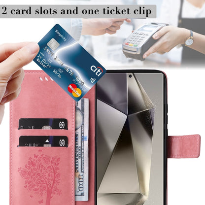 For Samsung Galaxy S25 Ultra 5G Tree & Cat Embossed Pattern Flip Leather Phone Case(Pink) by buy2fix