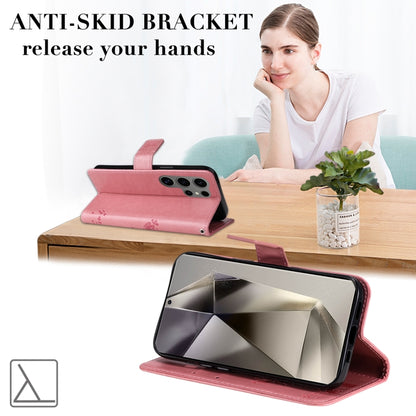 For Samsung Galaxy S25 Ultra 5G Tree & Cat Embossed Pattern Flip Leather Phone Case(Pink) by buy2fix