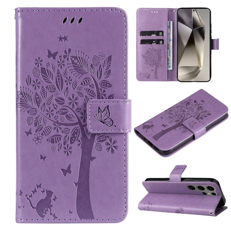For Samsung Galaxy S25 Ultra 5G Tree & Cat Embossed Pattern Flip Leather Phone Case(Light Purple) by buy2fix