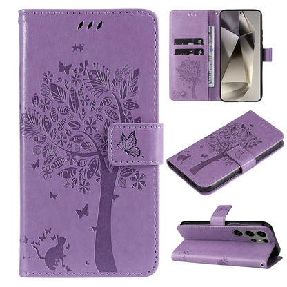For Samsung Galaxy S25 Ultra 5G Tree & Cat Embossed Pattern Flip Leather Phone Case(Light Purple) by buy2fix