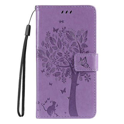 For Samsung Galaxy S25 Ultra 5G Tree & Cat Embossed Pattern Flip Leather Phone Case(Light Purple) by buy2fix