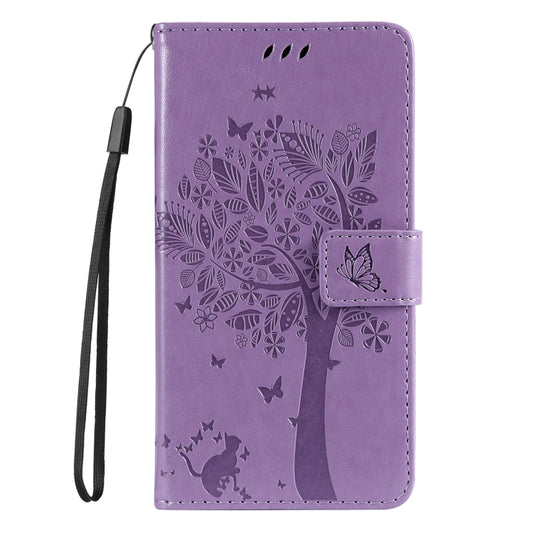 For Samsung Galaxy S25 Ultra 5G Tree & Cat Embossed Pattern Flip Leather Phone Case(Light Purple) by buy2fix