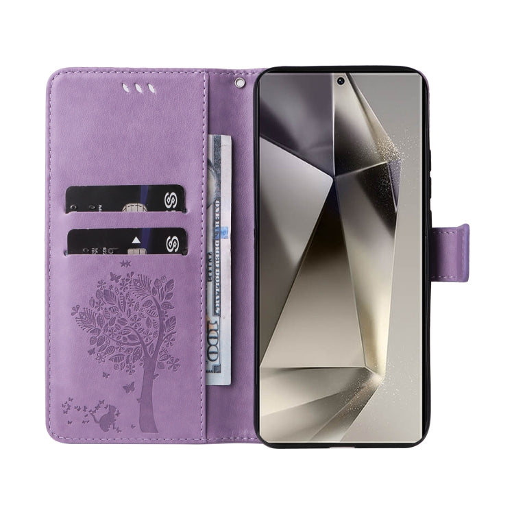 For Samsung Galaxy S25 Ultra 5G Tree & Cat Embossed Pattern Flip Leather Phone Case(Light Purple) by buy2fix