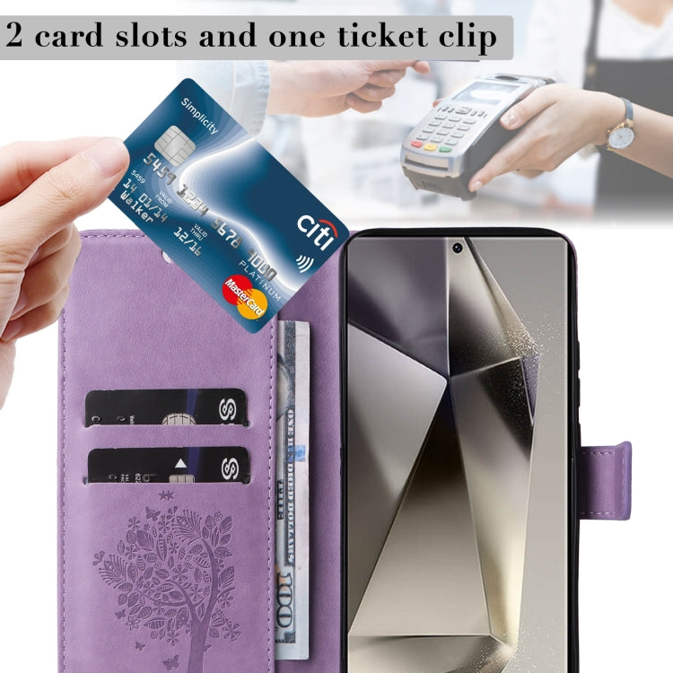For Samsung Galaxy S25 Ultra 5G Tree & Cat Embossed Pattern Flip Leather Phone Case(Light Purple) by buy2fix