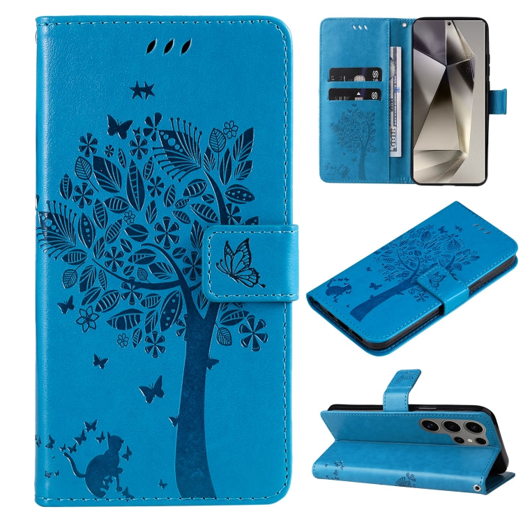 For Samsung Galaxy S25 Ultra 5G Tree & Cat Embossed Pattern Flip Leather Phone Case(Blue) by buy2fix