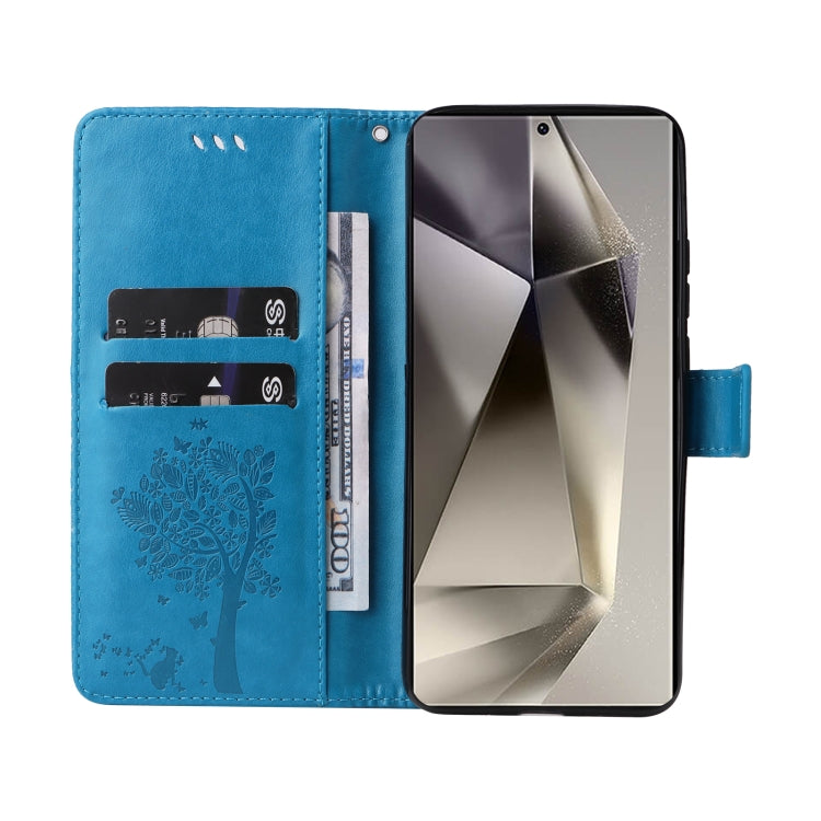 For Samsung Galaxy S25 Ultra 5G Tree & Cat Embossed Pattern Flip Leather Phone Case(Blue) by buy2fix