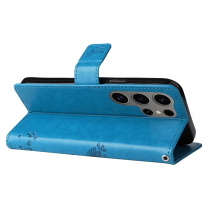 For Samsung Galaxy S25 Ultra 5G Tree & Cat Embossed Pattern Flip Leather Phone Case(Blue) by buy2fix