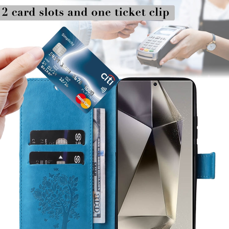 For Samsung Galaxy S25 Ultra 5G Tree & Cat Embossed Pattern Flip Leather Phone Case(Blue) by buy2fix