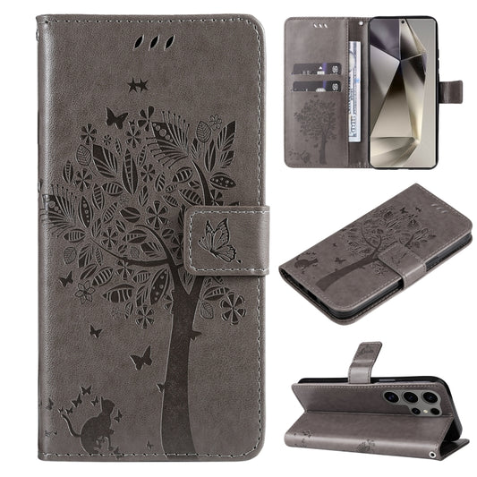 For Samsung Galaxy S25 Ultra 5G Tree & Cat Embossed Pattern Flip Leather Phone Case(Grey) by buy2fix