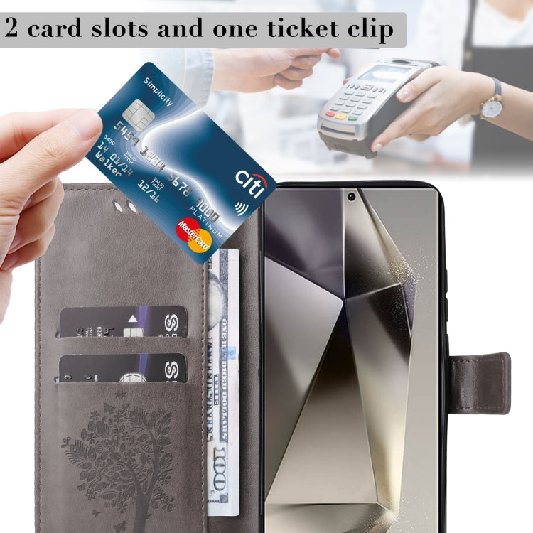 For Samsung Galaxy S25 Ultra 5G Tree & Cat Embossed Pattern Flip Leather Phone Case(Grey) by buy2fix