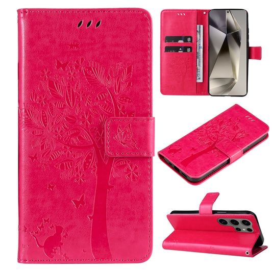 For Samsung Galaxy S25 Ultra 5G Tree & Cat Embossed Pattern Flip Leather Phone Case(Rose Red) by buy2fix