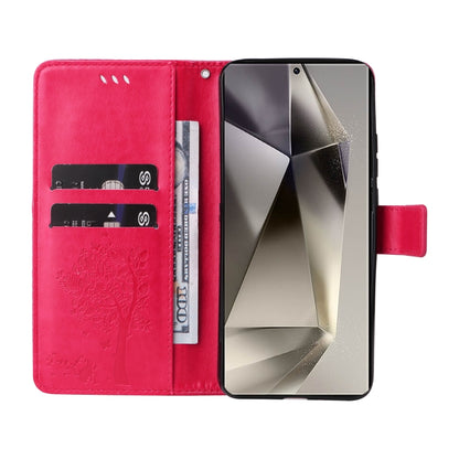 For Samsung Galaxy S25 Ultra 5G Tree & Cat Embossed Pattern Flip Leather Phone Case(Rose Red) by buy2fix