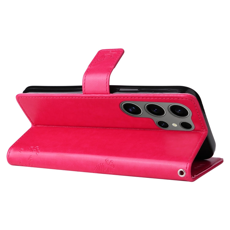 For Samsung Galaxy S25 Ultra 5G Tree & Cat Embossed Pattern Flip Leather Phone Case(Rose Red) by buy2fix