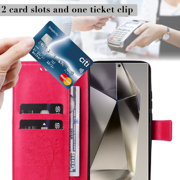 For Samsung Galaxy S25 Ultra 5G Tree & Cat Embossed Pattern Flip Leather Phone Case(Rose Red) by buy2fix