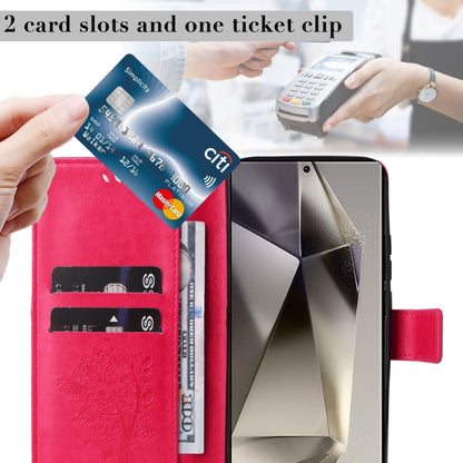 For Samsung Galaxy S25 Ultra 5G Tree & Cat Embossed Pattern Flip Leather Phone Case(Rose Red) by buy2fix