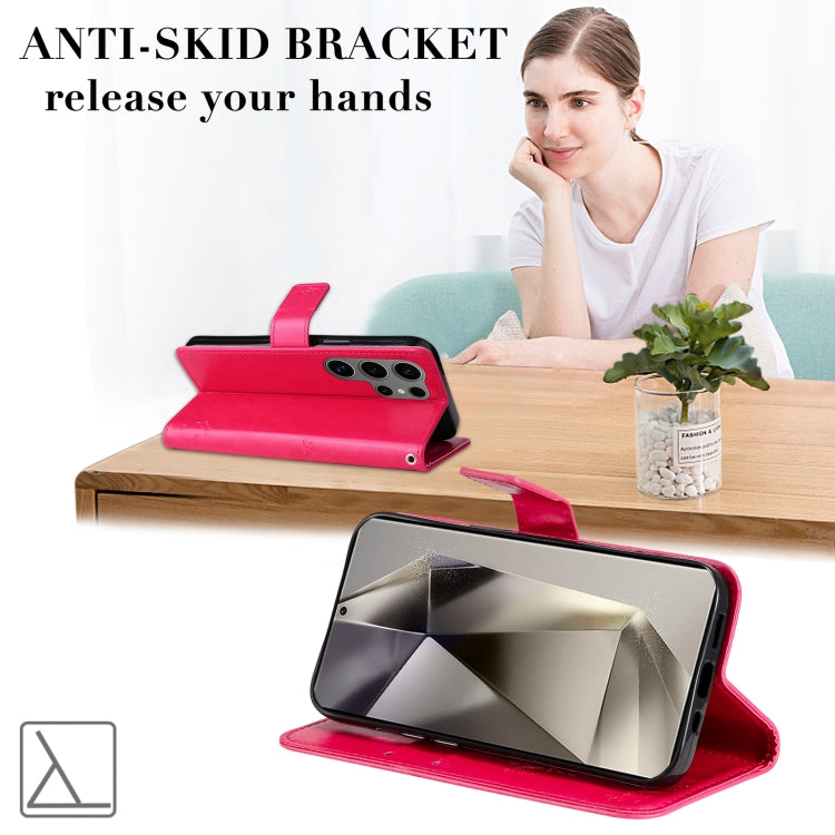 For Samsung Galaxy S25 Ultra 5G Tree & Cat Embossed Pattern Flip Leather Phone Case(Rose Red) by buy2fix