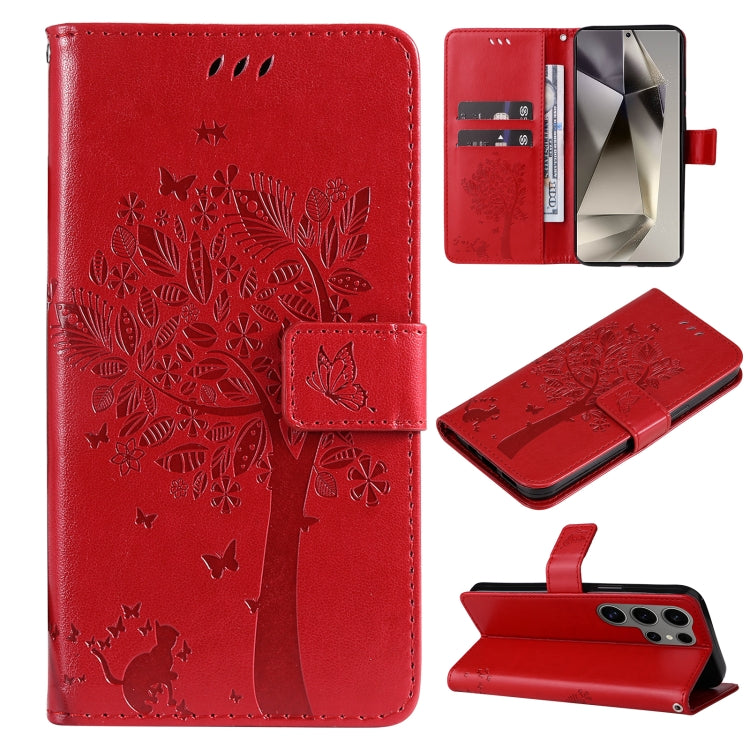 For Samsung Galaxy S25 Ultra 5G Tree & Cat Embossed Pattern Flip Leather Phone Case(Red) by buy2fix