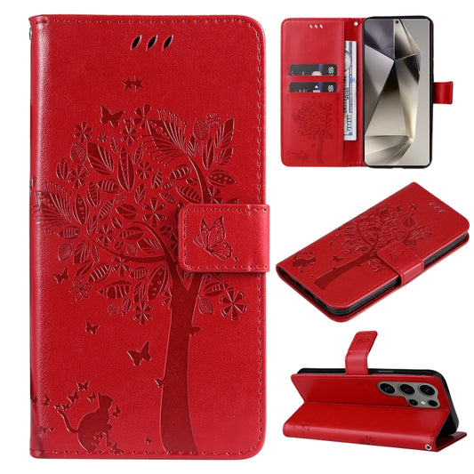 For Samsung Galaxy S25 Ultra 5G Tree & Cat Embossed Pattern Flip Leather Phone Case(Red) by buy2fix