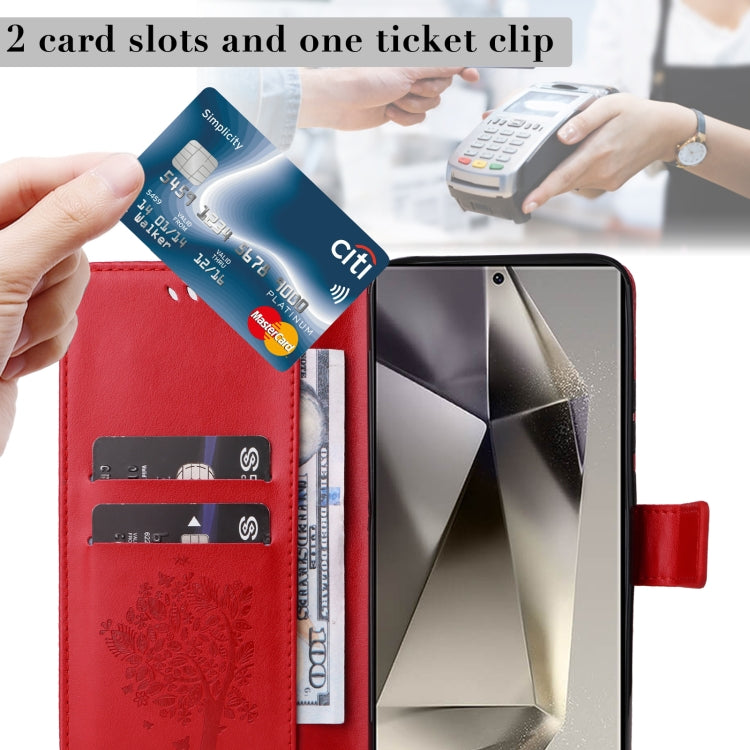 For Samsung Galaxy S25 Ultra 5G Tree & Cat Embossed Pattern Flip Leather Phone Case(Red) by buy2fix