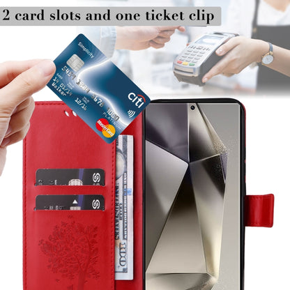 For Samsung Galaxy S25 Ultra 5G Tree & Cat Embossed Pattern Flip Leather Phone Case(Red) by buy2fix