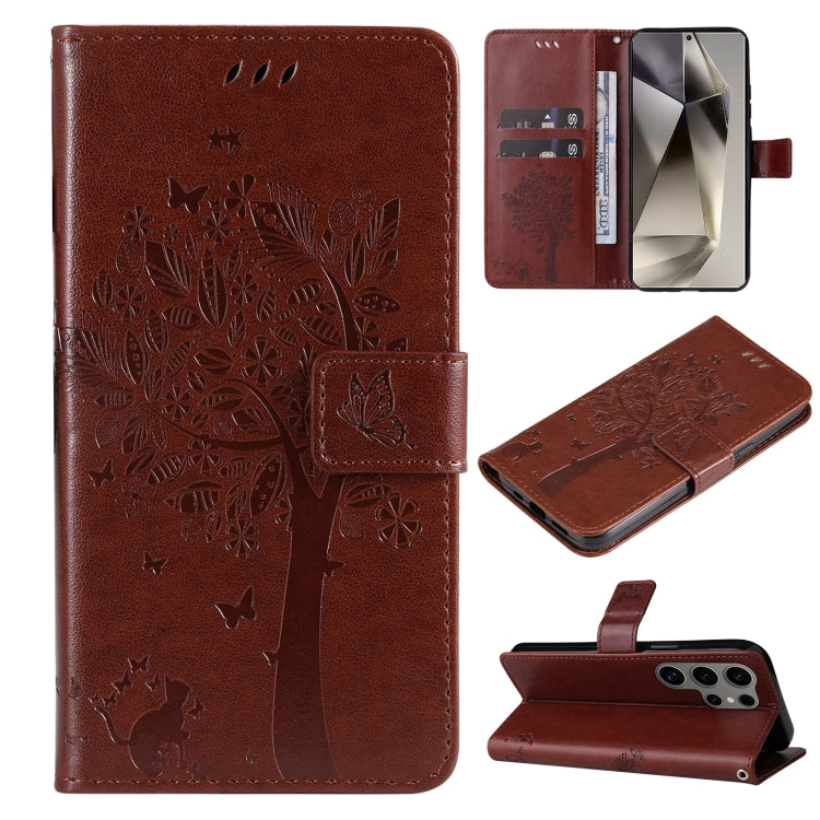 For Samsung Galaxy S25 Ultra 5G Tree & Cat Embossed Pattern Flip Leather Phone Case(Coffee) by buy2fix