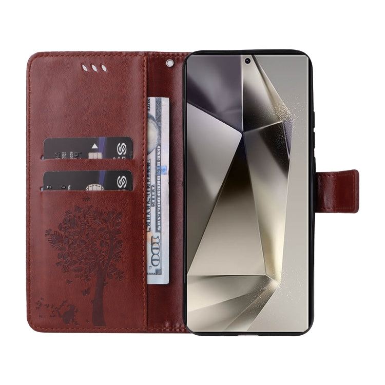For Samsung Galaxy S25 Ultra 5G Tree & Cat Embossed Pattern Flip Leather Phone Case(Coffee) by buy2fix