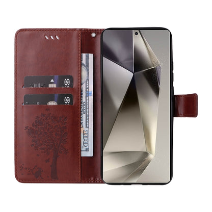 For Samsung Galaxy S25 Ultra 5G Tree & Cat Embossed Pattern Flip Leather Phone Case(Coffee) by buy2fix