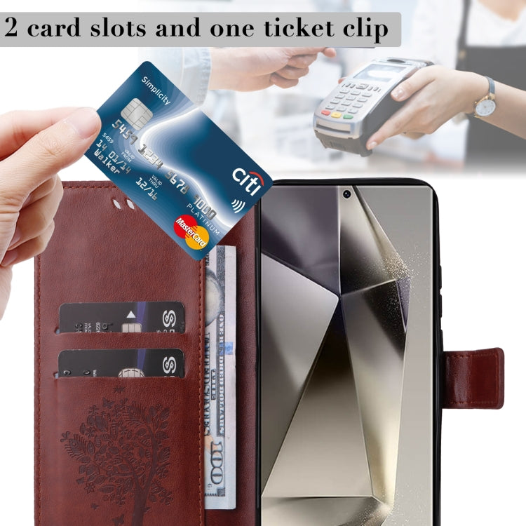 For Samsung Galaxy S25 Ultra 5G Tree & Cat Embossed Pattern Flip Leather Phone Case(Coffee) by buy2fix