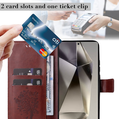 For Samsung Galaxy S25 Ultra 5G Tree & Cat Embossed Pattern Flip Leather Phone Case(Coffee) by buy2fix