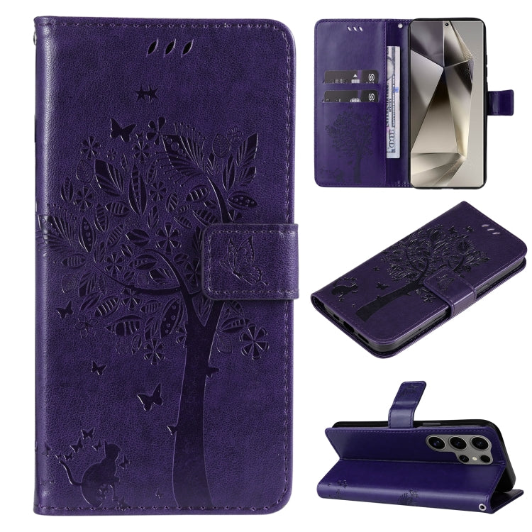 For Samsung Galaxy S25 Ultra 5G Tree & Cat Embossed Pattern Flip Leather Phone Case(Purple) by buy2fix
