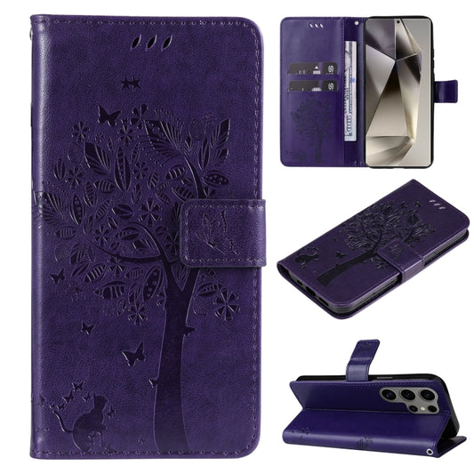 For Samsung Galaxy S25 Ultra 5G Tree & Cat Embossed Pattern Flip Leather Phone Case(Purple) by buy2fix