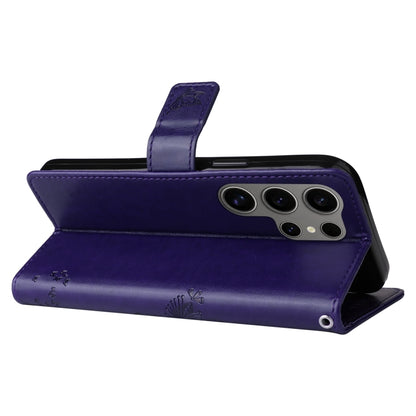 For Samsung Galaxy S25 Ultra 5G Tree & Cat Embossed Pattern Flip Leather Phone Case(Purple) by buy2fix