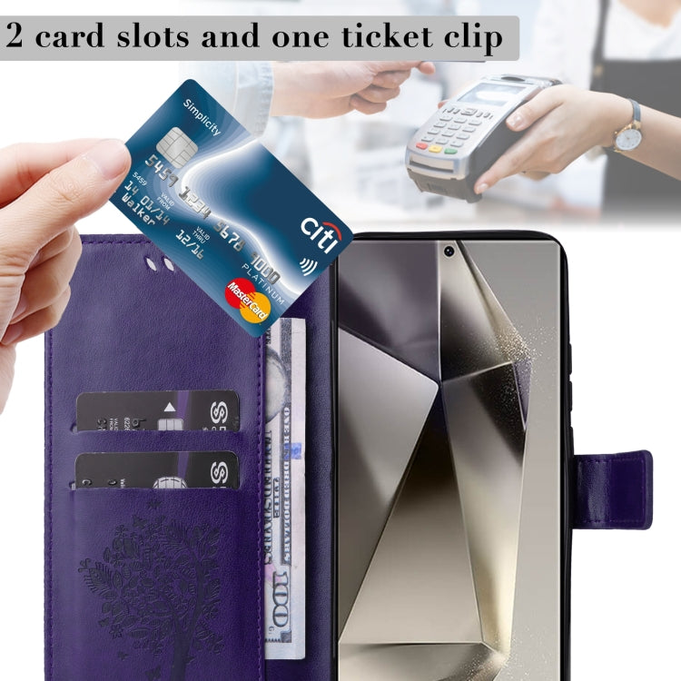For Samsung Galaxy S25 Ultra 5G Tree & Cat Embossed Pattern Flip Leather Phone Case(Purple) by buy2fix