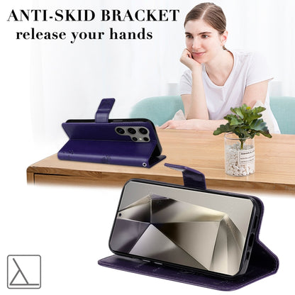 For Samsung Galaxy S25 Ultra 5G Tree & Cat Embossed Pattern Flip Leather Phone Case(Purple) by buy2fix