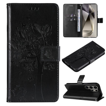 For Samsung Galaxy S25 Ultra 5G Tree & Cat Embossed Pattern Flip Leather Phone Case(Black) by buy2fix