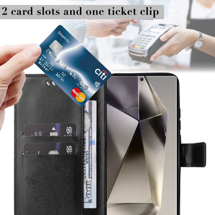 For Samsung Galaxy S25 Ultra 5G Tree & Cat Embossed Pattern Flip Leather Phone Case(Black) by buy2fix