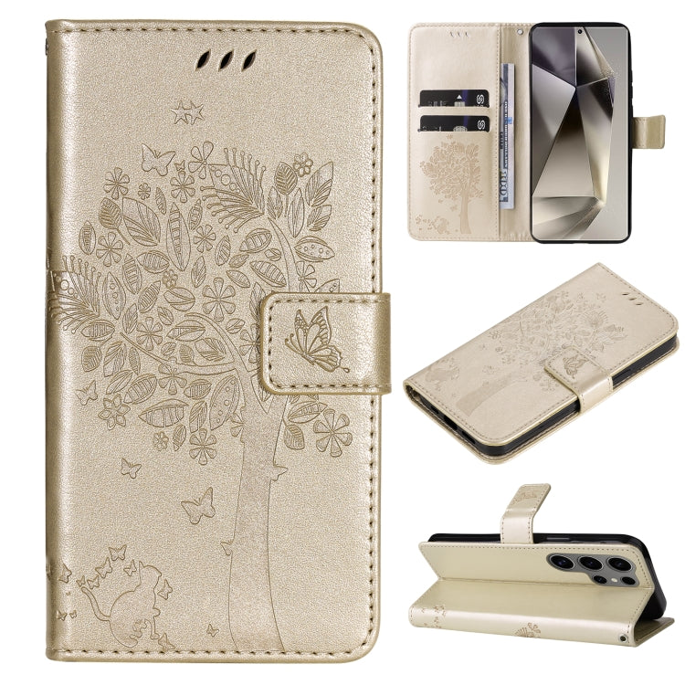 For Samsung Galaxy S25 Ultra 5G Tree & Cat Embossed Pattern Flip Leather Phone Case(Gold) by buy2fix