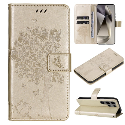 For Samsung Galaxy S25 Ultra 5G Tree & Cat Embossed Pattern Flip Leather Phone Case(Gold) by buy2fix