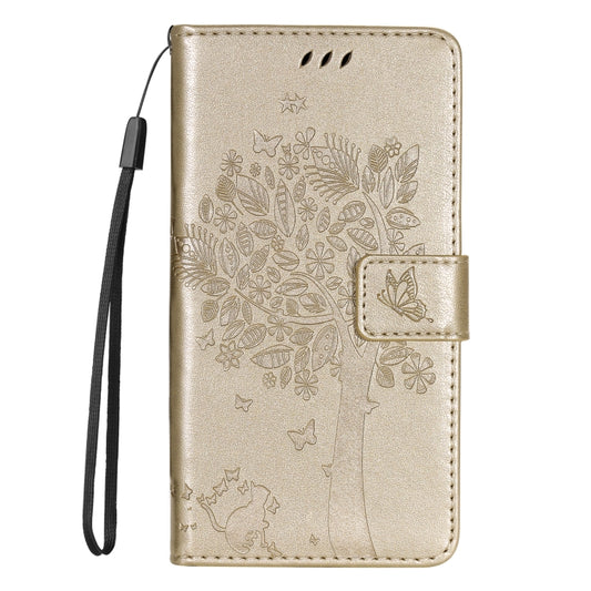 For Samsung Galaxy S25 Ultra 5G Tree & Cat Embossed Pattern Flip Leather Phone Case(Gold) by buy2fix