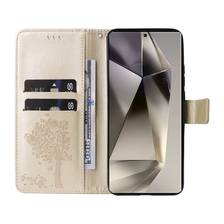 For Samsung Galaxy S25 Ultra 5G Tree & Cat Embossed Pattern Flip Leather Phone Case(Gold) by buy2fix