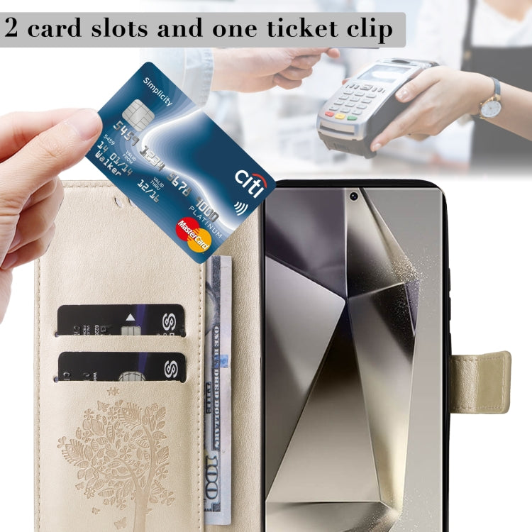 For Samsung Galaxy S25 Ultra 5G Tree & Cat Embossed Pattern Flip Leather Phone Case(Gold) by buy2fix