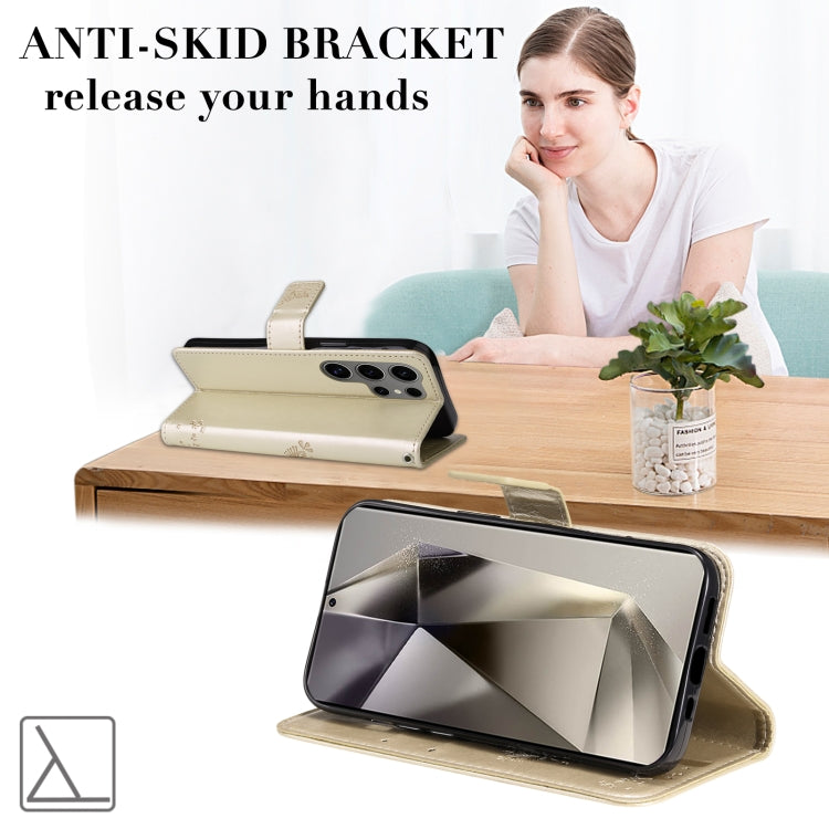 For Samsung Galaxy S25 Ultra 5G Tree & Cat Embossed Pattern Flip Leather Phone Case(Gold) by buy2fix