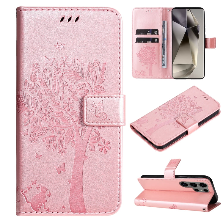 For Samsung Galaxy S25 Ultra 5G Tree & Cat Embossed Pattern Flip Leather Phone Case(Rose Gold) by buy2fix