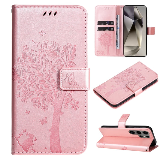 For Samsung Galaxy S25 Ultra 5G Tree & Cat Embossed Pattern Flip Leather Phone Case(Rose Gold) by buy2fix
